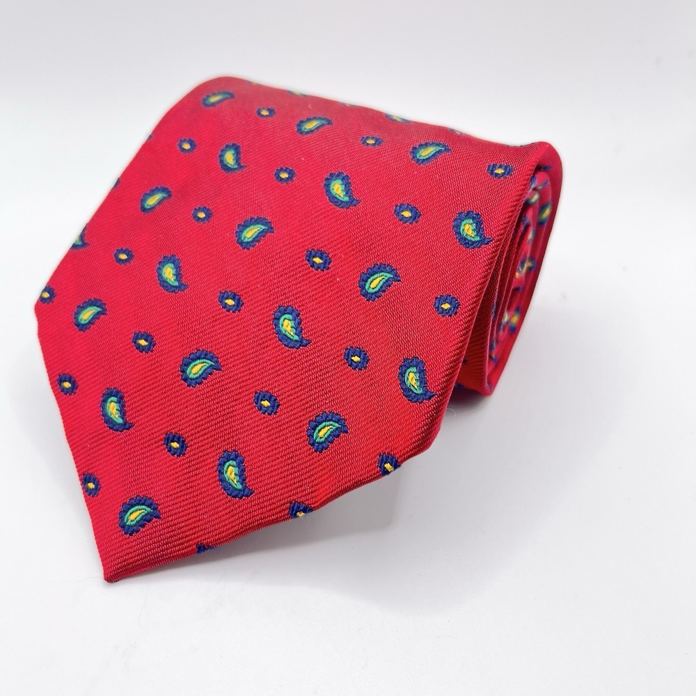 Ralph Lauren Polo‎ Red Blue Embroidered Paisley Pattern Repp Tie Silk Made USA